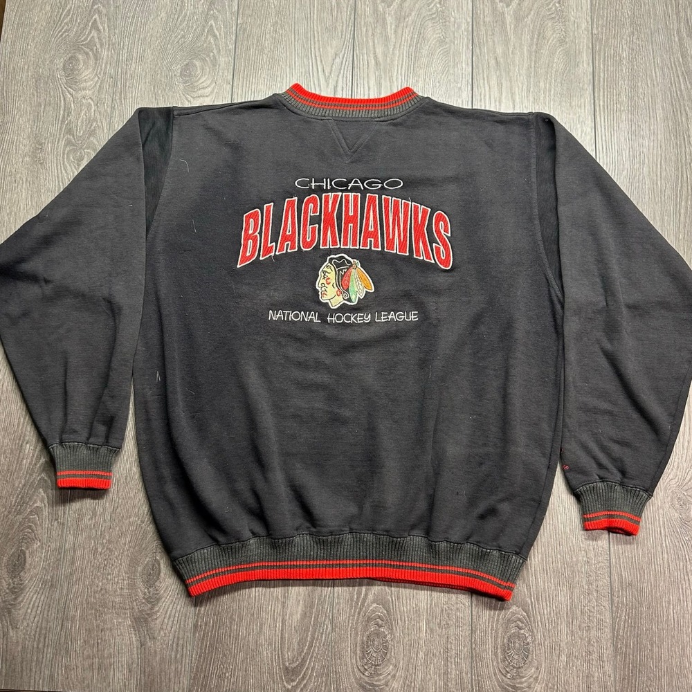 Vintage Logo Athletic Chicago Blackhawks NHL Sweatshirt Black XXL Embroidered